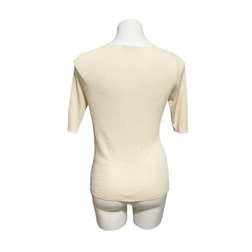 Akris Cream Ribbed 1/2 Sleeve Square Neck Lightweight Sweater - Picture 4 of 7